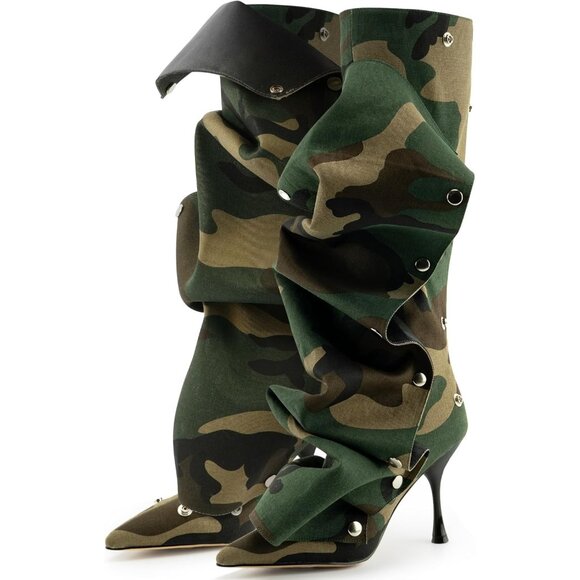 Women's Camouflage Suede Detachable Snap-off Panel Fold Over Fall Shark Boots - Picture 1 of 8